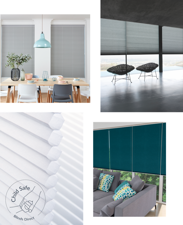 an image of a wooden set kitchen table with blue hanging light above next to window with closed grey pleated blinds 