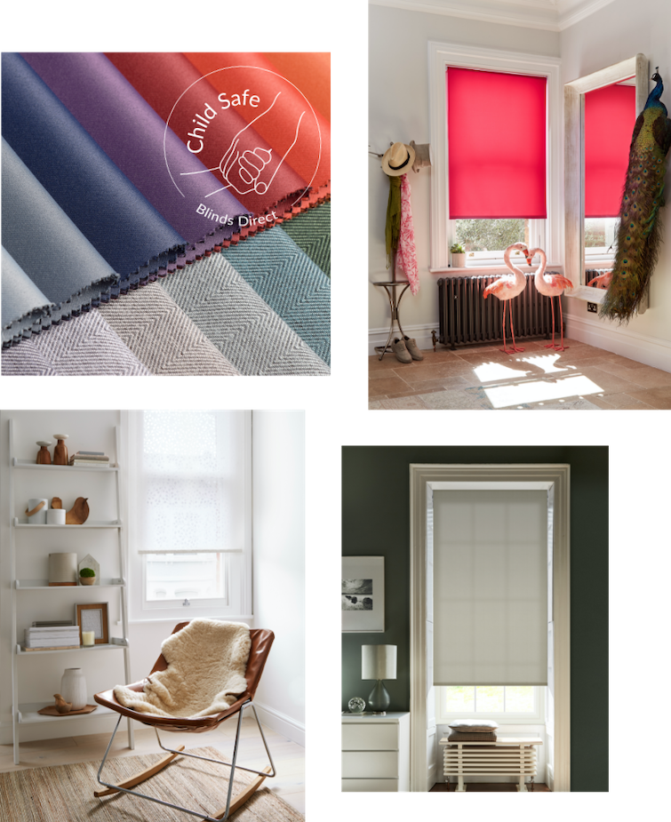image of purple, red, blue and grey fabric to show that the fabric used by blinds direct is child safe 