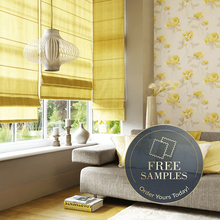 an image of living room with sofa next to window with yellow roman blinds to show the different types available 