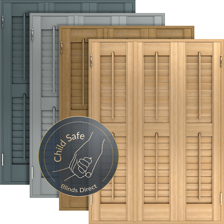 a photo of child safe shutters available in dark grey, light grey and brown 