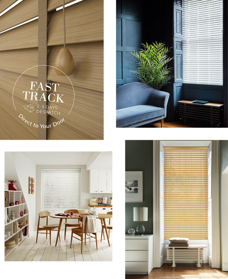 Promotion image to show that wooden blinds from blinds Direct are available on fast track service 