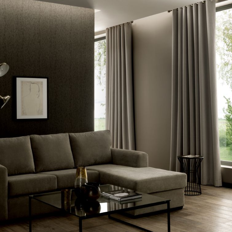 an image to show the type of living room curtains that work well in a dark themed room 