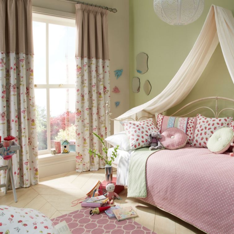 an image of a girls nursery room at home with bed next to large window with curtains 