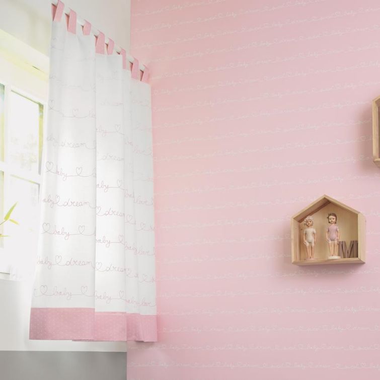 close up image of tab top curtains being used in a pink room 