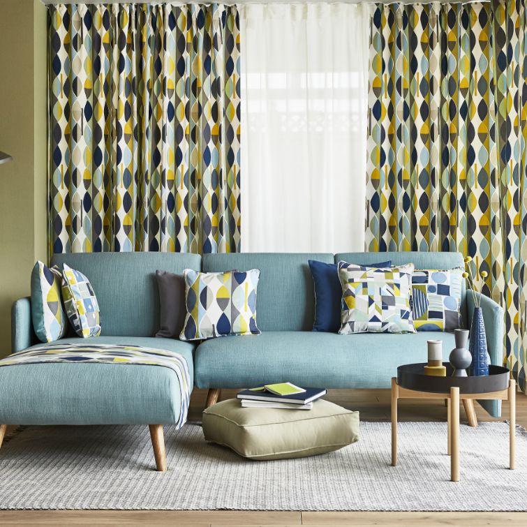 room set image to show how best to use colourful wave curtains in a living room 