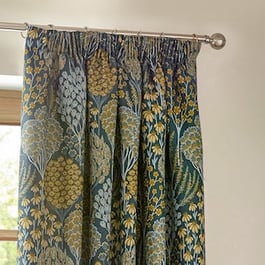 Wylder Ophelia Floral Jacquard Blue and Saffron Pencil Pleat Ready Made Curtain