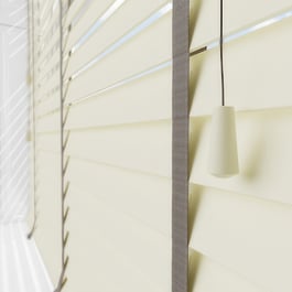 Statement Eggshell with Taupe Tapes Faux Wood Venetian Blind