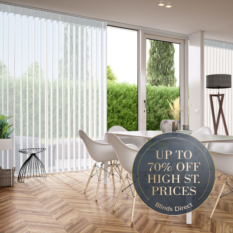 photo of large table and chairs in room next to window with white illusion blinds installed