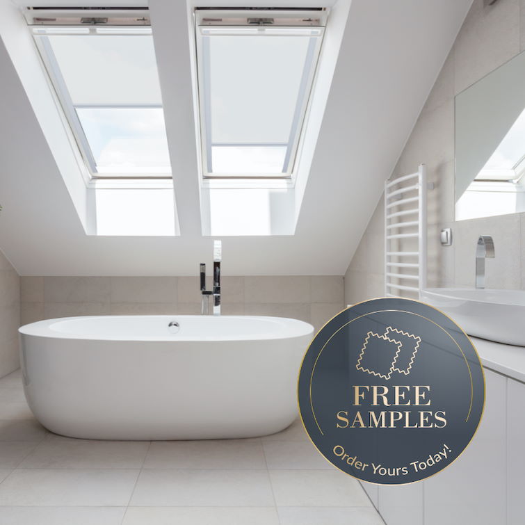 image of white bathroom with stand alone bath tub underneath skylight windows using roof blinds