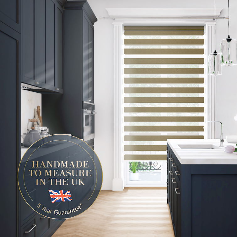 image of kitchen with dark grey interior next to floor to ceiling window dressed with day and night blinds