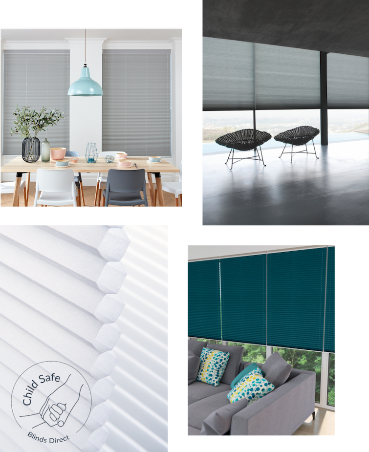 an image of a wooden set kitchen table with blue hanging light above next to window with closed grey pleated blinds