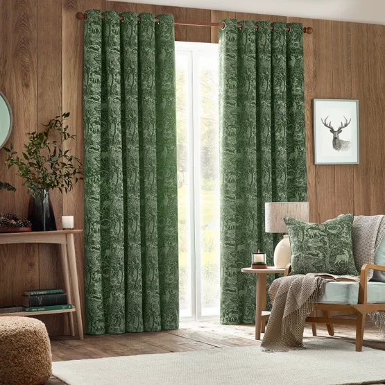 Furn Winter Woods Animal Chenille Emerald Eyelet rm_curtain