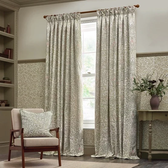 Morris & Co Acorn Multi Jacquard Stone and Sage Pencil Pleat rm_curtain