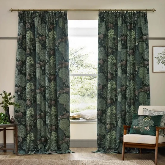 Morris & Co Brook Woodland Jacquard Forest Green Pencil Pleat rm_curtain