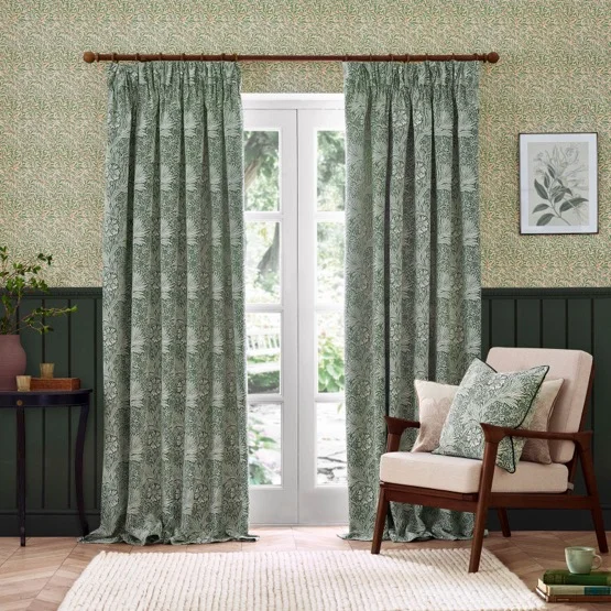Morris & Co Marigold Floral Jacquard Leaf Green Pencil Pleat rm_curtain