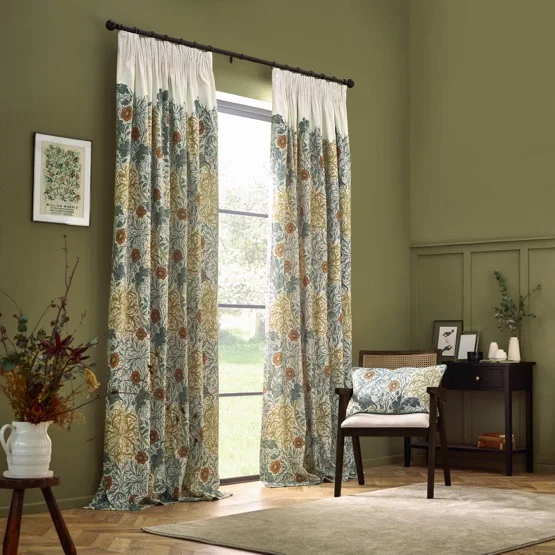 Morris & Co Seaweed Printed Velvet Stone and Sunflower Pencil Pleat rm_curtain