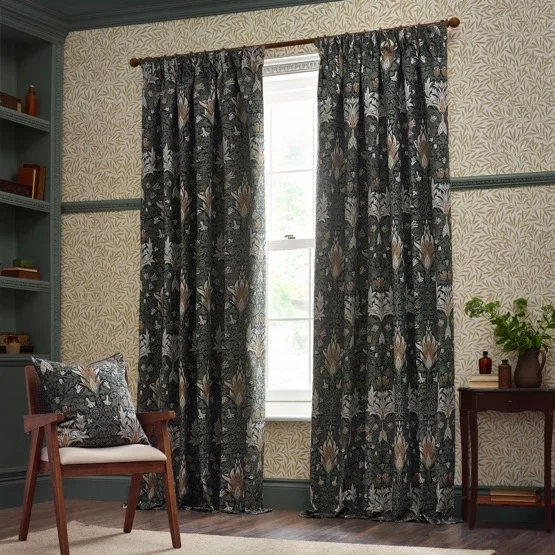 Morris & Co Snakesheads Jacquard Chenille Indigo and Leaf Pencil Pleat rm_curtain