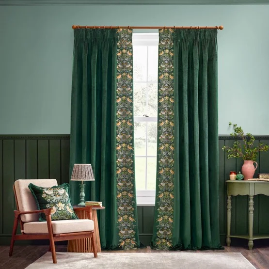 Morris & Co Strawberry Thief Embroidery Floral Forest Green Pencil Pleat rm_curtain