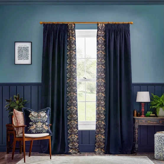 Morris & Co Strawberry Thief Embroidery Floral Indigo Pencil Pleat rm_curtain