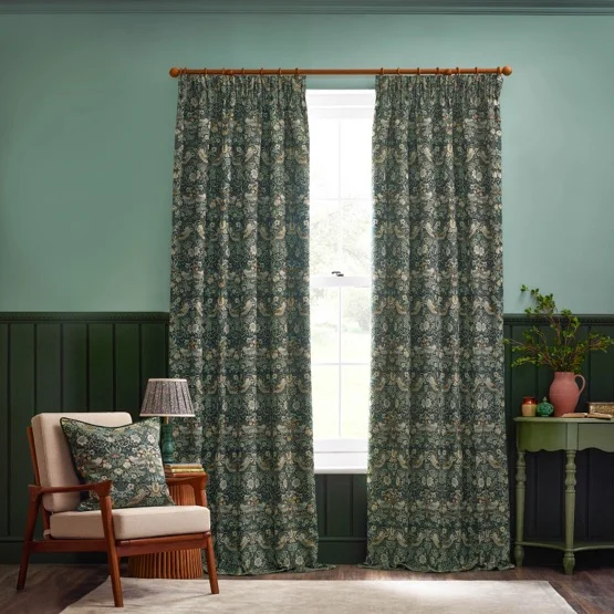 Morris & Co Strawberry Thief Jacquard Floral Forest Green Pencil Pleat rm_curtain
