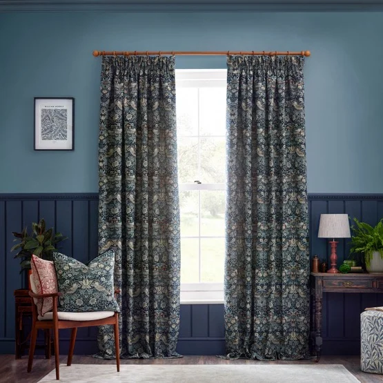 Morris & Co Strawberry Thief Jacquard Floral Indigo Pencil Pleat rm_curtain