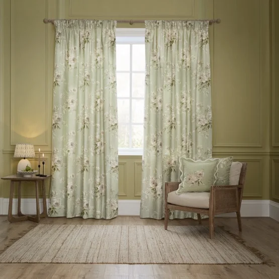Sanderson Adele Floral Chenille Sage Pencil Pleat rm_curtain
