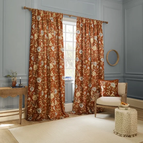 Sanderson Porcelain Garden Printed Chenille Rust Pencil Pleat rm_curtain