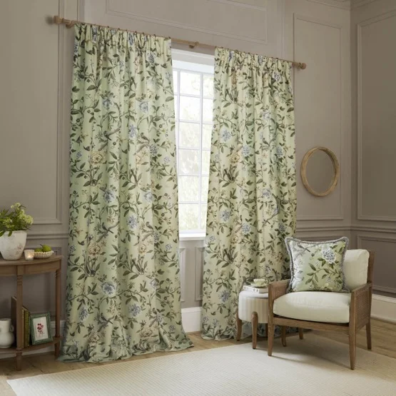 Sanderson Porcelain Garden Printed Chenille Sage Pencil Pleat rm_curtain