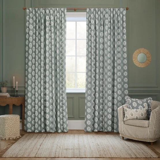 Sanderson Sessiele Leaf Motif Delph Blue Pencil Pleat rm_curtain
