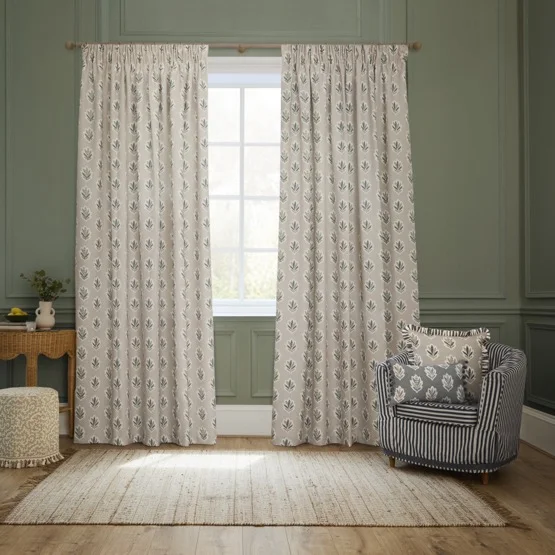 Sanderson Sessiele Leaf Motif Flax Pencil Pleat rm_curtain