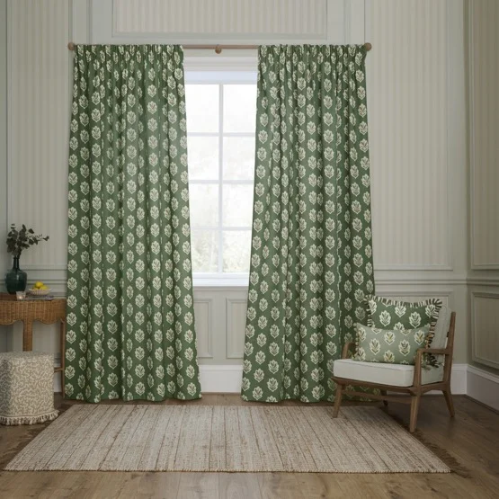 Sanderson Sessiele Leaf Motif Leaf Green Pencil Pleat rm_curtain