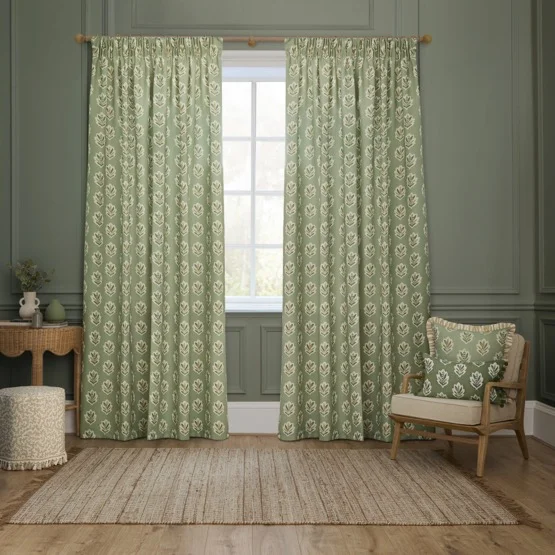 Sanderson Sessiele Leaf Motif Sage Pencil Pleat rm_curtain