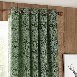 Furn Winter Woods Animal Chenille Emerald Eyelet Ready Made Curtain