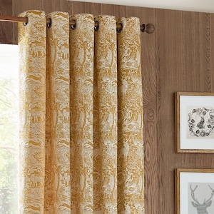Furn Winter Woods Animal Chenille Ochre Eyelet Ready Made Curtain