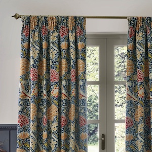 Morris & Co Cray Floral Velvet Indigo and Berry Pencil Pleat Ready Made Curtain