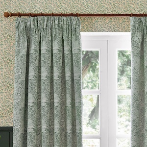 Morris & Co Marigold Floral Jacquard Leaf Green Pencil Pleat Ready Made Curtain