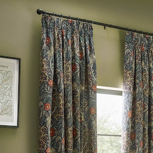Morris & Co Seaweed Printed Velvet Indigo Pencil Pleat Ready Made Curtain