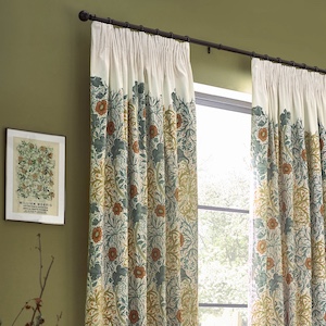 Morris & Co Seaweed Printed Velvet Stone and Sunflower Pencil Pleat Ready Made Curtain