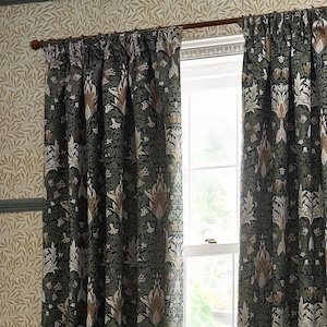 Morris & Co Snakesheads Jacquard Chenille Indigo and Leaf Pencil Pleat Ready Made Curtain