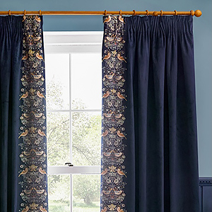 Morris & Co Strawberry Thief Embroidery Floral Indigo Pencil Pleat Ready Made Curtain