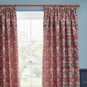 Morris & Co Strawberry Thief Jacquard Floral Berry Pencil Pleat Ready Made Curtain