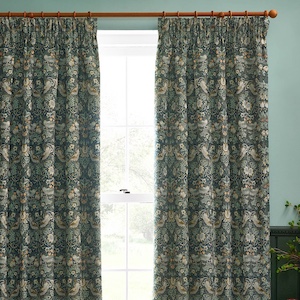 Morris & Co Strawberry Thief Jacquard Floral Forest Green Pencil Pleat Ready Made Curtain