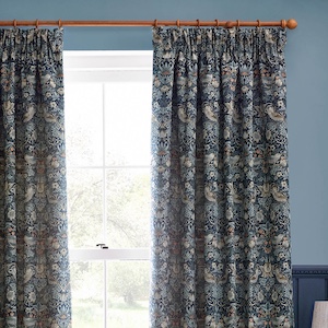 Morris & Co Strawberry Thief Jacquard Floral Indigo Pencil Pleat Ready Made Curtain