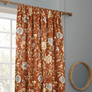 Sanderson Porcelain Garden Printed Chenille Rust Pencil Pleat Ready Made Curtain
