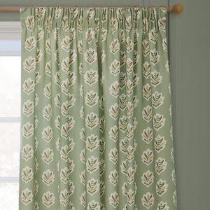 Sanderson Sessiele Leaf Motif Sage Pencil Pleat Ready Made Curtain