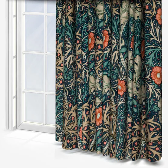 Morris & Co Seaweed Printed Velvet Indigo Pencil Pleat rm_curtain