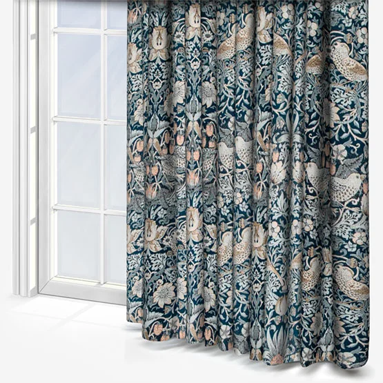 Morris & Co Strawberry Thief Jacquard Floral Indigo Pencil Pleat rm_curtain