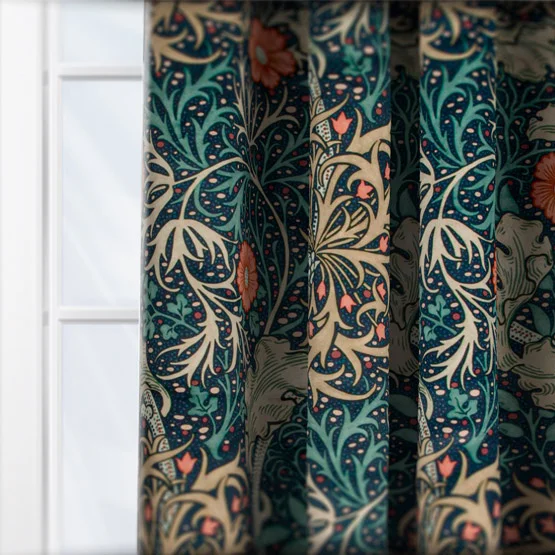 Morris & Co Seaweed Printed Velvet Indigo Pencil Pleat rm_curtain