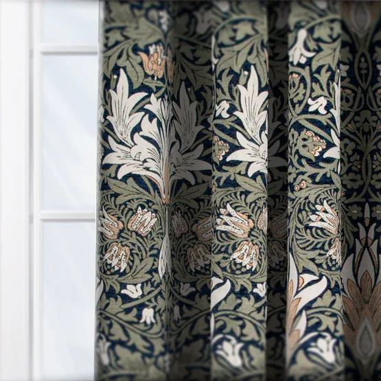Morris & Co Snakesheads Jacquard Chenille Indigo and Leaf Pencil Pleat rm_curtain