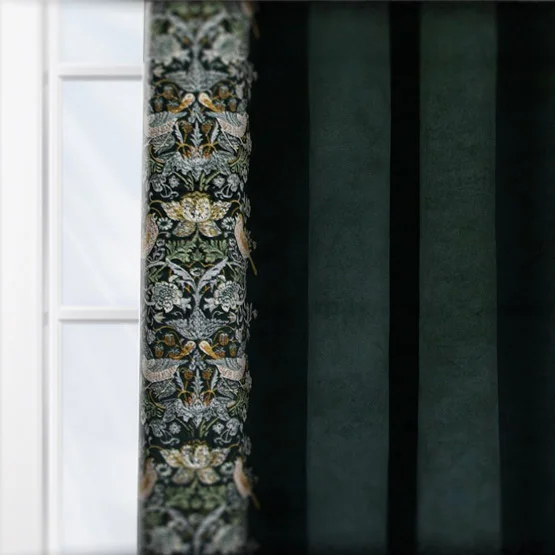 Morris & Co Strawberry Thief Embroidery Floral Forest Green Pencil Pleat rm_curtain